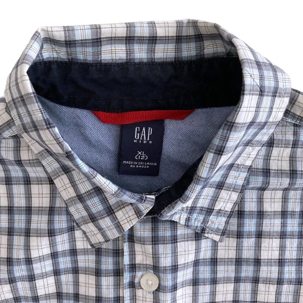 GAP Kids XL 12 Plaid SHIRT White Blue Gray button down Long Sleeve‎ Chest Pocket
